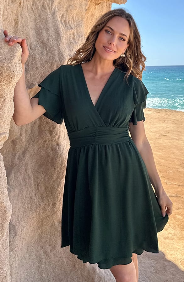 Smocked Waistband Dress Short Sleeve Smaragd – jurken, foto 6