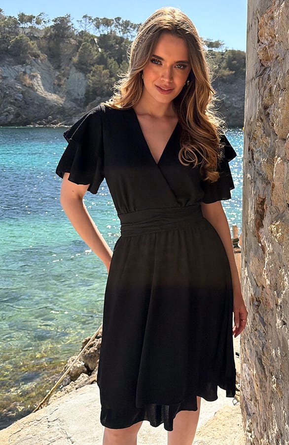 Smocked Waistband Dress Short Sleeve Zwart – jurken, foto 7
