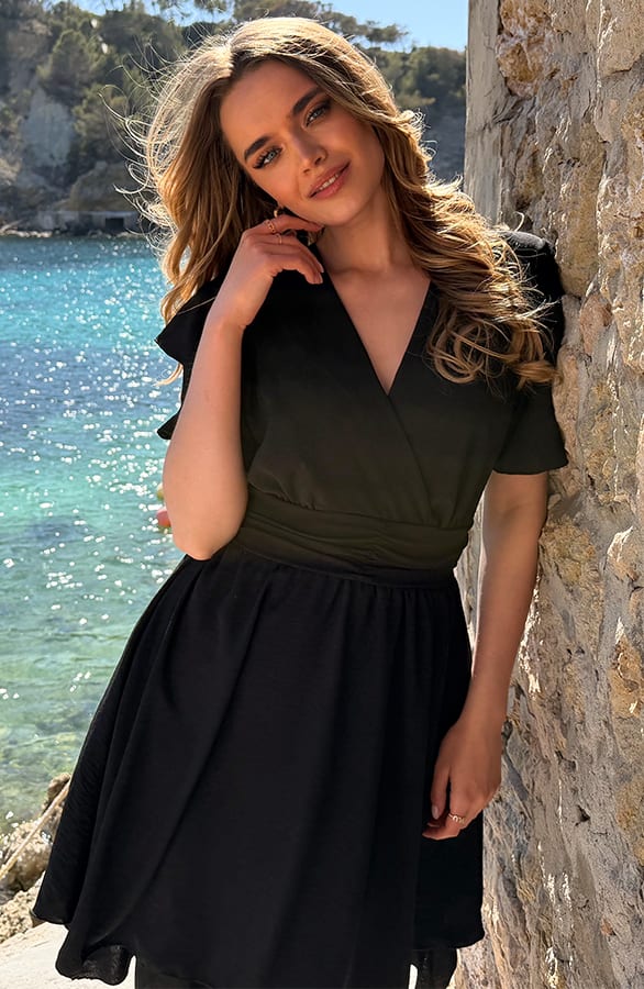 Smocked Waistband Dress Short Sleeve Zwart – jurken, foto 3