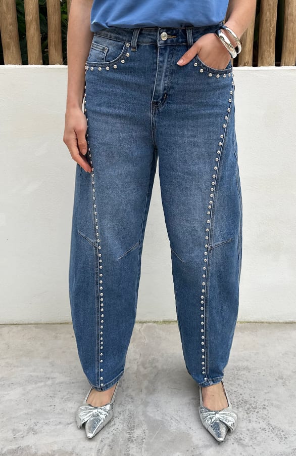 Studded Barrel Jeans Stretch