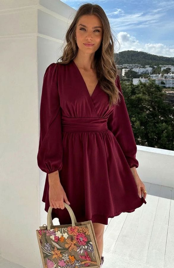 V-hals Jurk Strik Detail Burgundy – jurken, foto 2