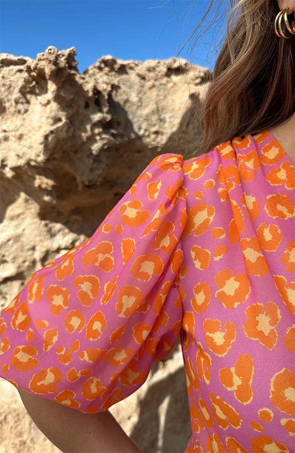 V-hals Pofmouw Leopard Jurk Oranje Lila – jurken, foto 4