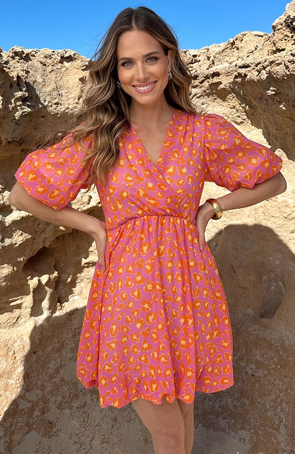 V-hals Pofmouw Leopard Jurk Oranje Lila – jurken, foto 10