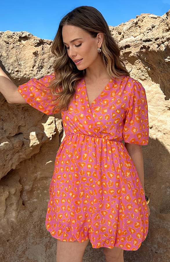 V-hals Pofmouw Leopard Jurk Oranje Lila – jurken, foto 6
