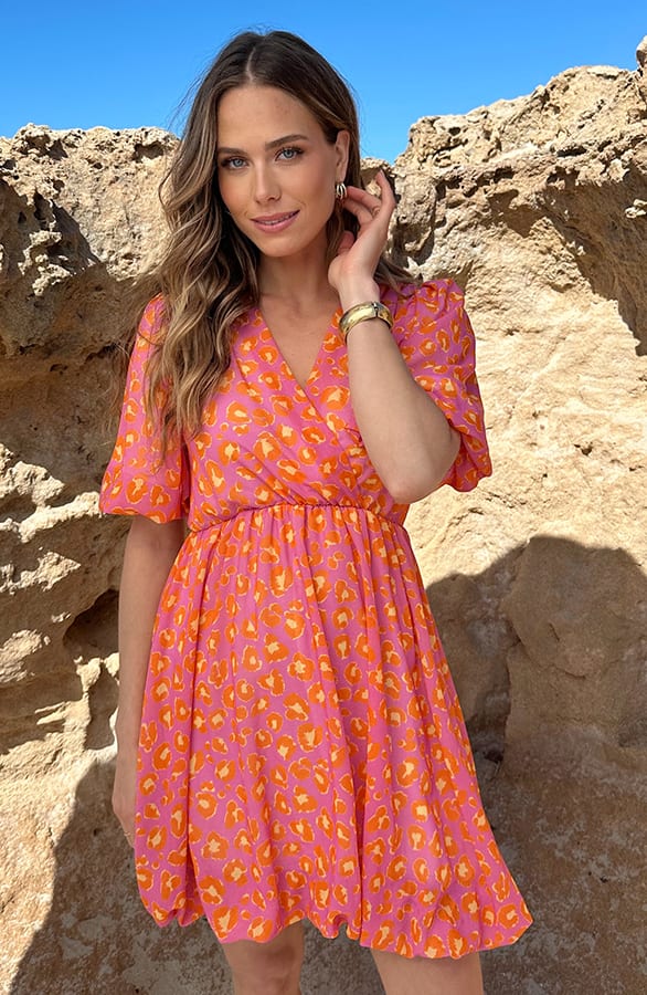 V-hals Pofmouw Leopard Jurk Oranje Lila – jurken, foto 7