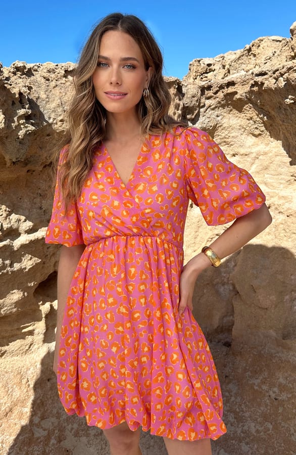 V-hals Pofmouw Leopard Jurk Oranje Lila – jurken, foto 11