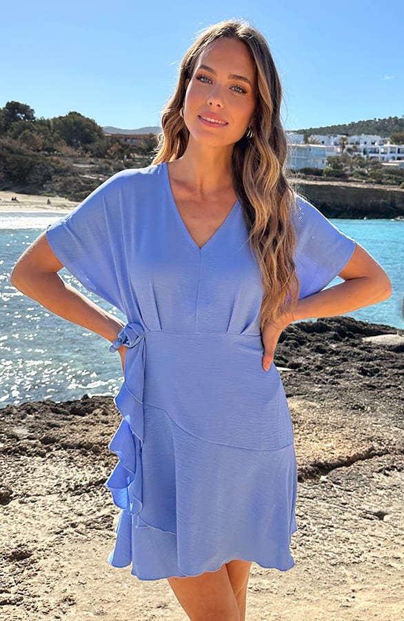 V-hals Roos Detail Jurk Blauw – jurken, foto 2