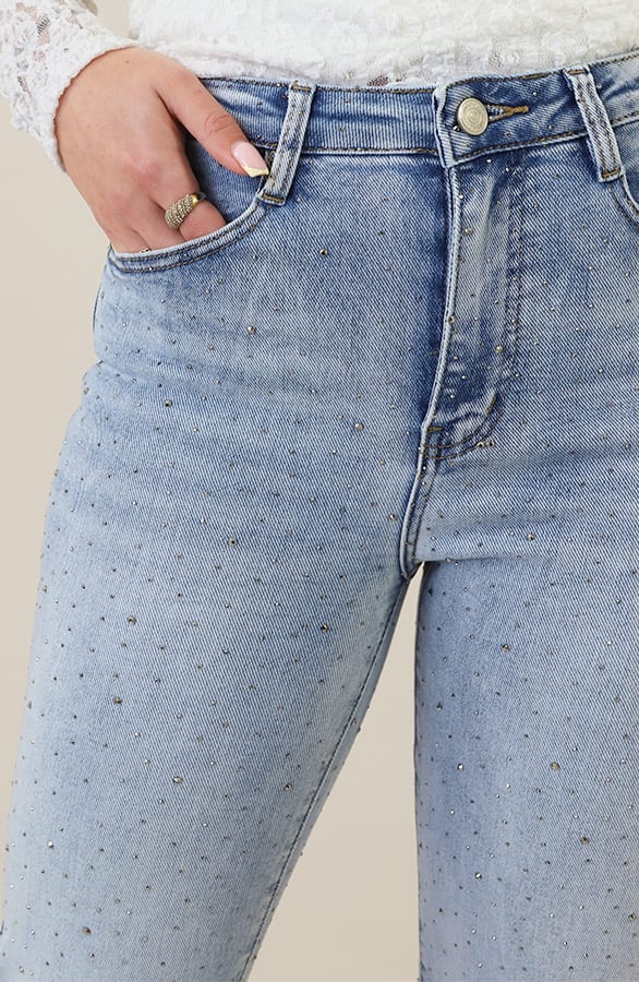 Wide Leg Jeans Rhinestone Mid Blue Stretch FMH – flared broeken, foto 5