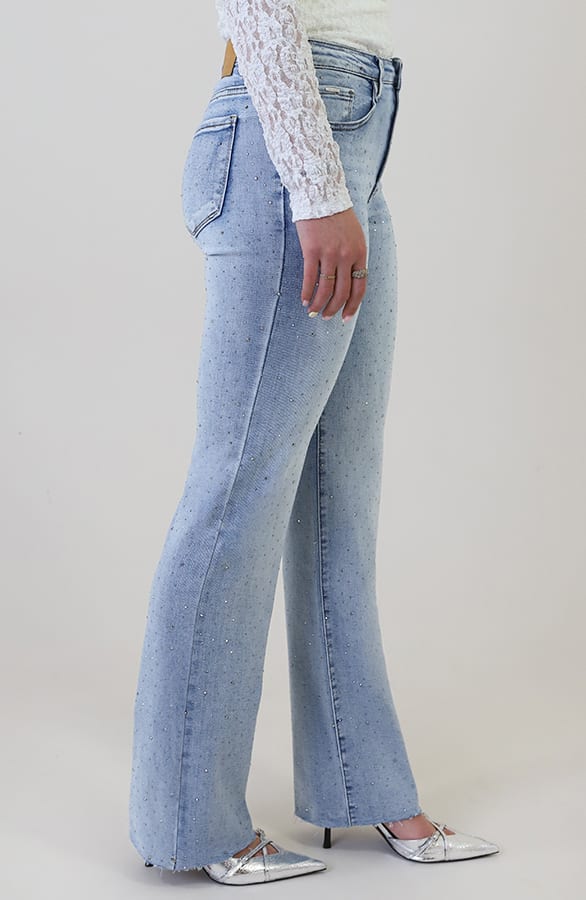 Wide Leg Jeans Rhinestone Mid Blue Stretch FMH – flared broeken, foto 4