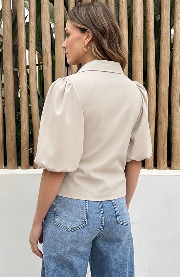 Wrap Blazer Puff Short Sleeve Beige – jassen, foto 3