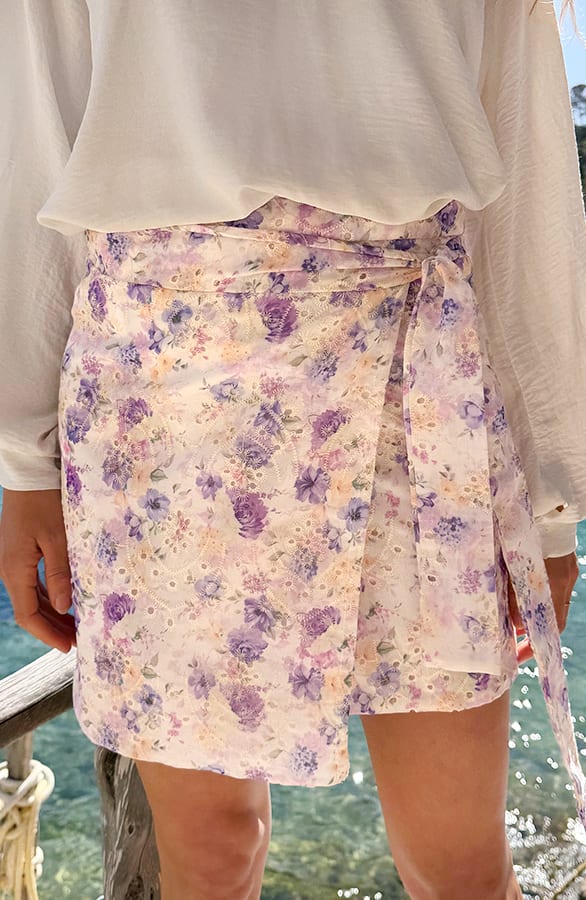 Wrap Skirt Romantic Embroidery Flower Print Lila