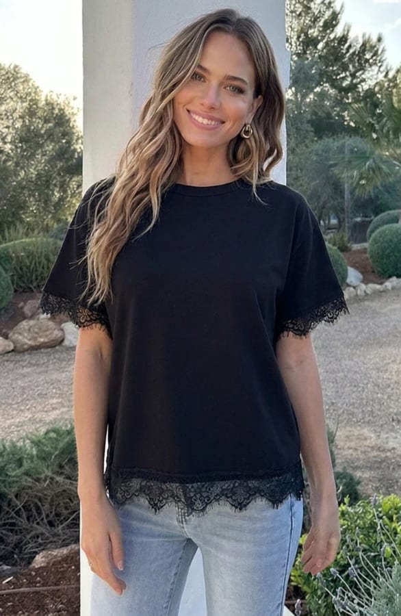 Kanten T-shirt Katoen Zwart – tops, foto 2