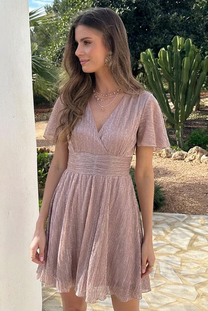 Lurex Waistband Dress Short Sleeve Light Pink – jurken, foto 3