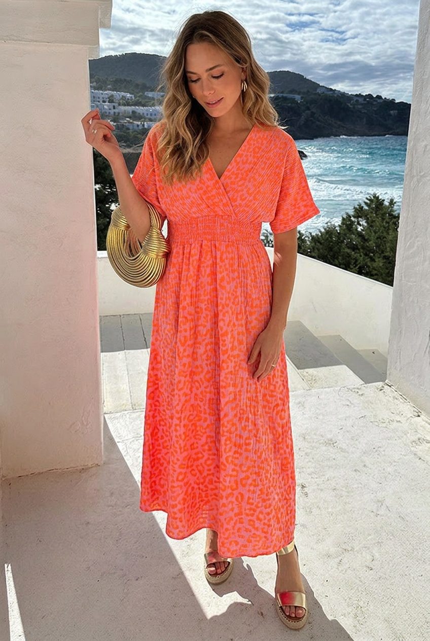 Maxi Jurk Mousseline Leopard Neon Orange