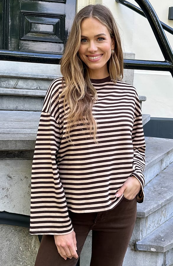Oversized Strepen Top Katoen Choco Beige Melange