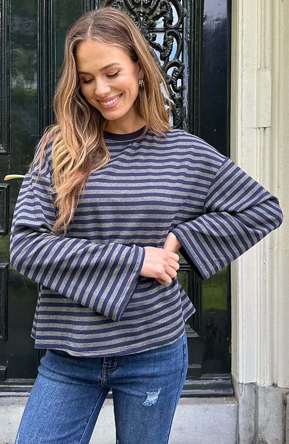 Oversized Streifen Top Baumwolle Grau Marine, Tops, Foto 4