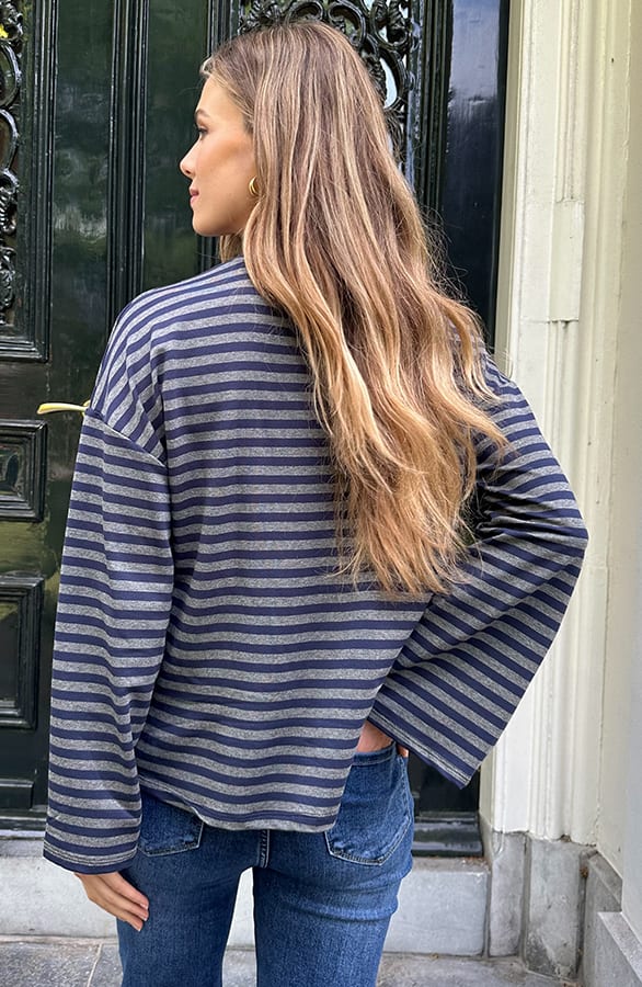 Oversized Streifen Top Baumwolle Grau Marine, Tops, Foto 5