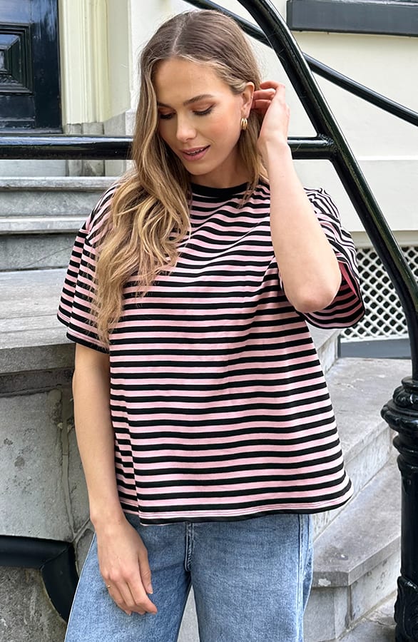 Strepen T-Shirt Katoen Dust Roze Zwart – tops, foto 6