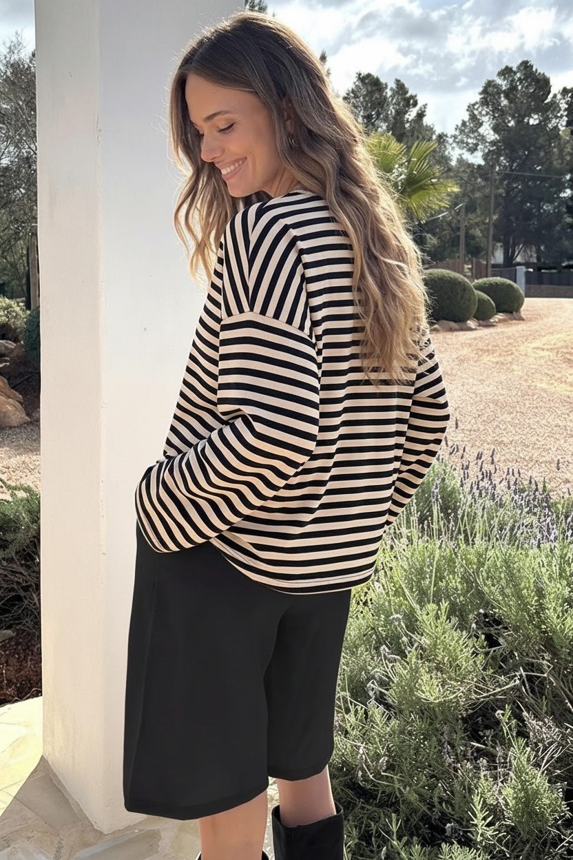 Oversized Streifen Top Baumwolle Beige Schwarz, Tops, Foto 3