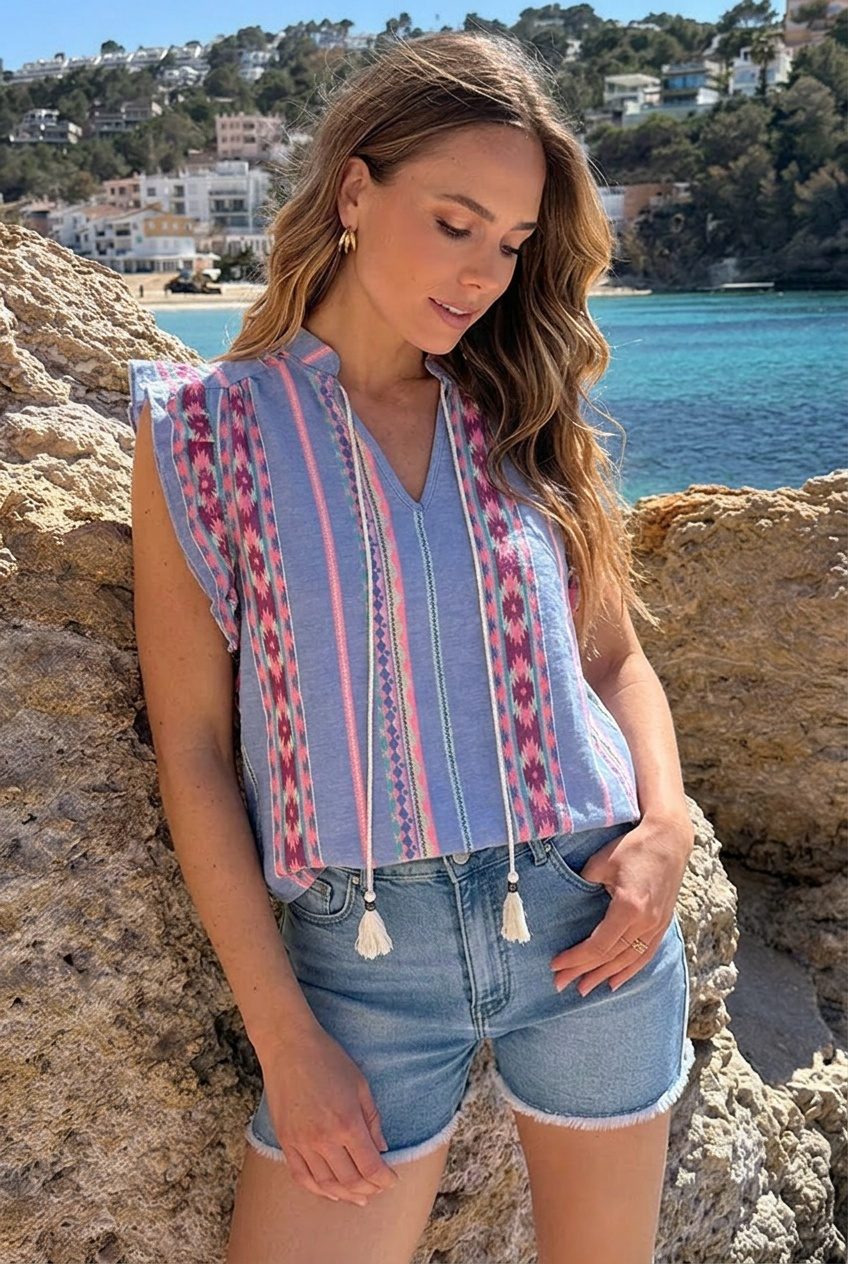 Kelim Print Ruffle Top Blauw – tops, foto 4