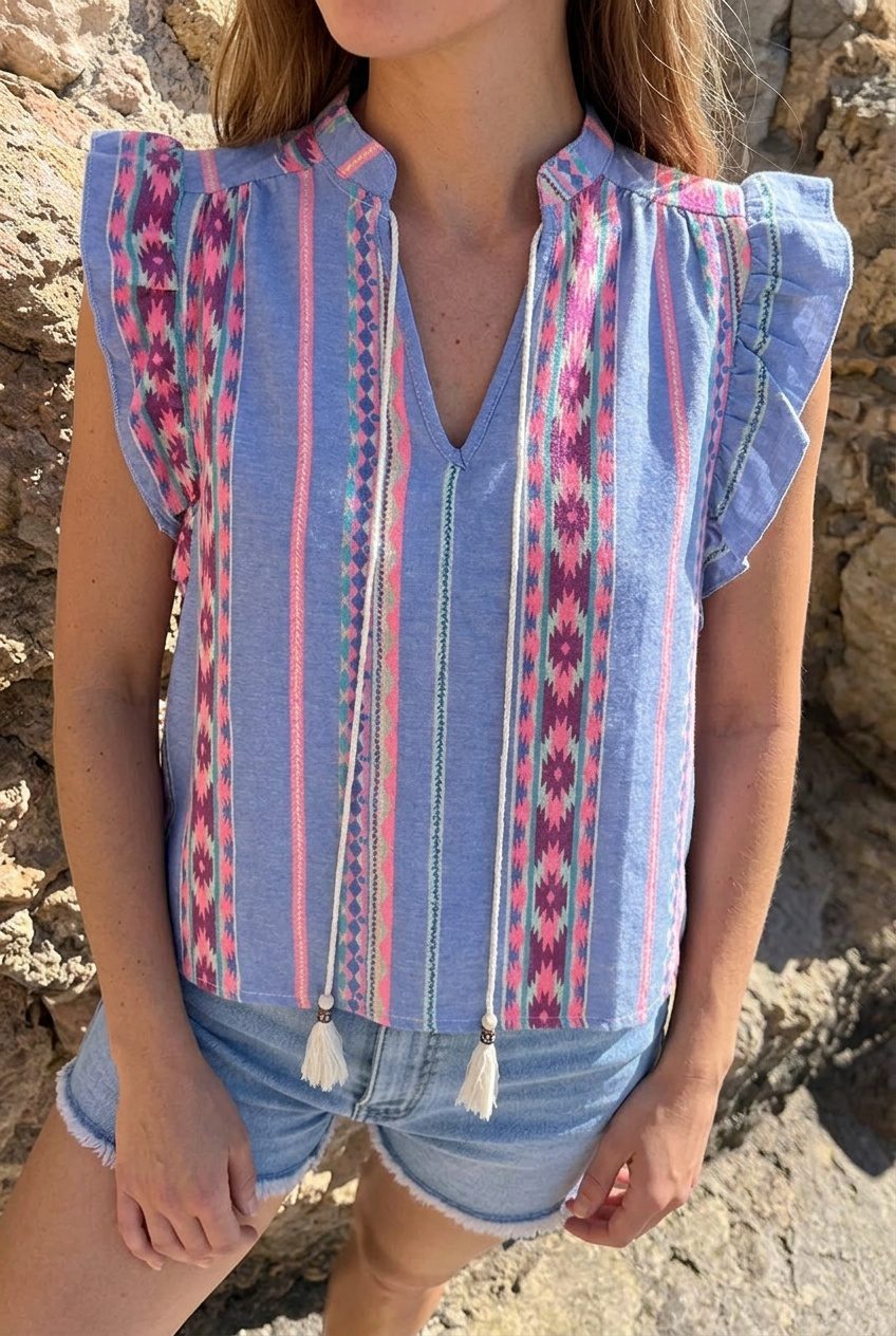 Kelim Print Ruffle Top Blauw – tops, foto 3