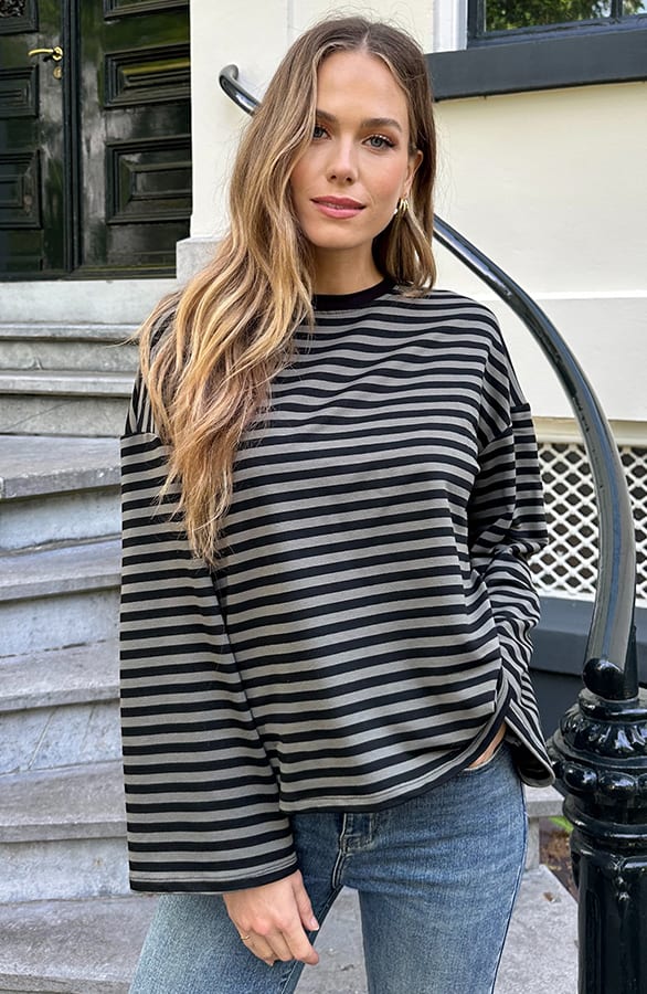 Oversized Streifen Top Baumwolle Army Schwarz, Tops, Foto 3