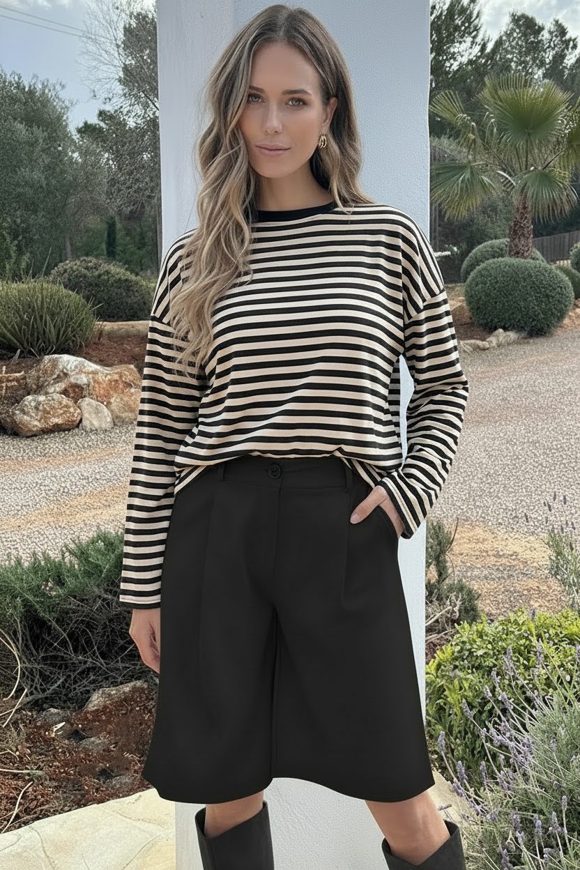 Oversized Strepen Top Katoen Beige Zwart