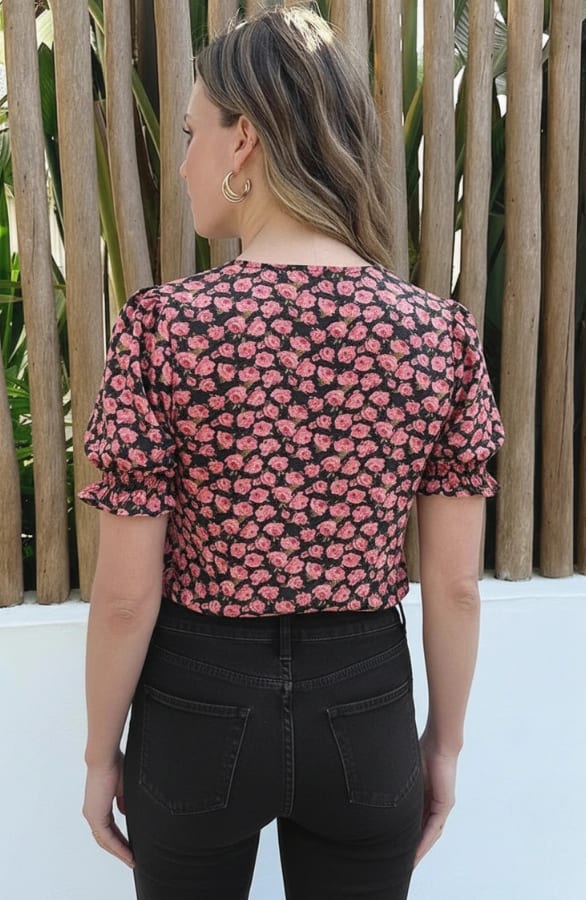 V-hals Pofmouw Top Rozen Print Zwart – tops, foto 4
