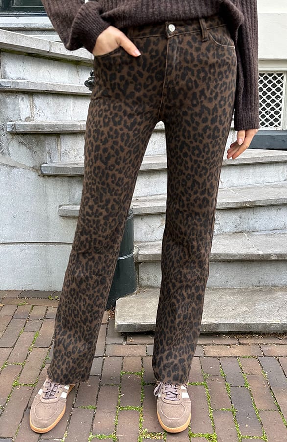 Wide Leg Jeans Leopard Brown Stretch FMH – flared broeken, foto 6