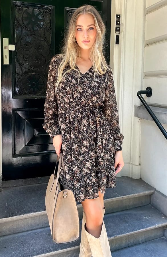 Bloemenprint V-Hals Jurk Beige Army – jurken, foto 4