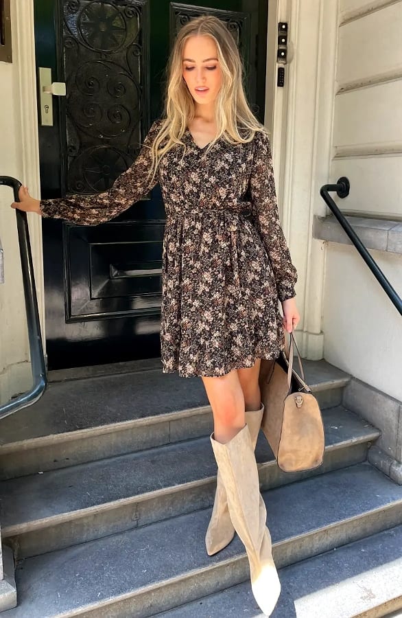 Bloemenprint V-Hals Jurk Beige Army – jurken, foto 3