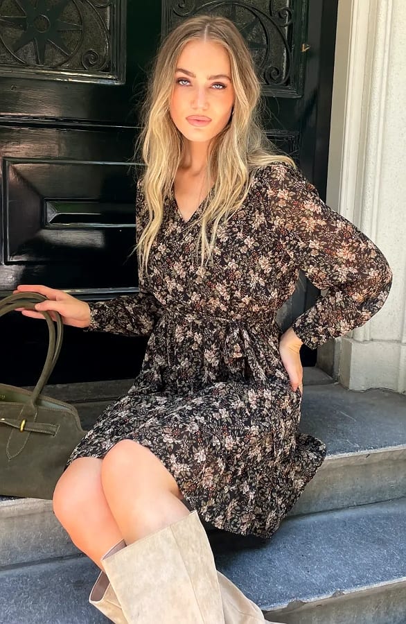 Bloemenprint V-Hals Jurk Beige Army – jurken, foto 7