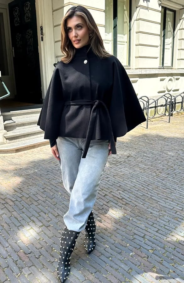 Cape Jacket Met Ceintuur Zwart – jassen, foto 3