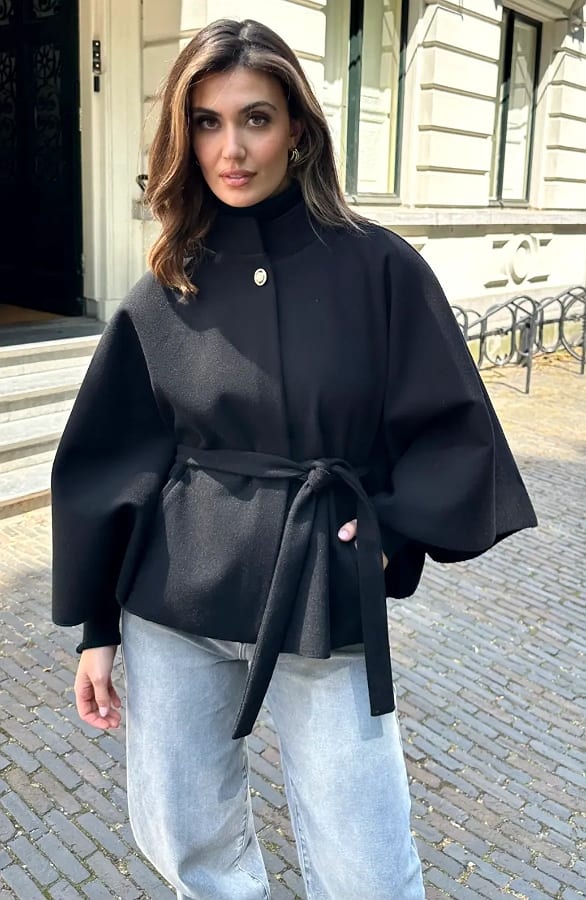 Cape Jacket Met Ceintuur Zwart – jassen, foto 4