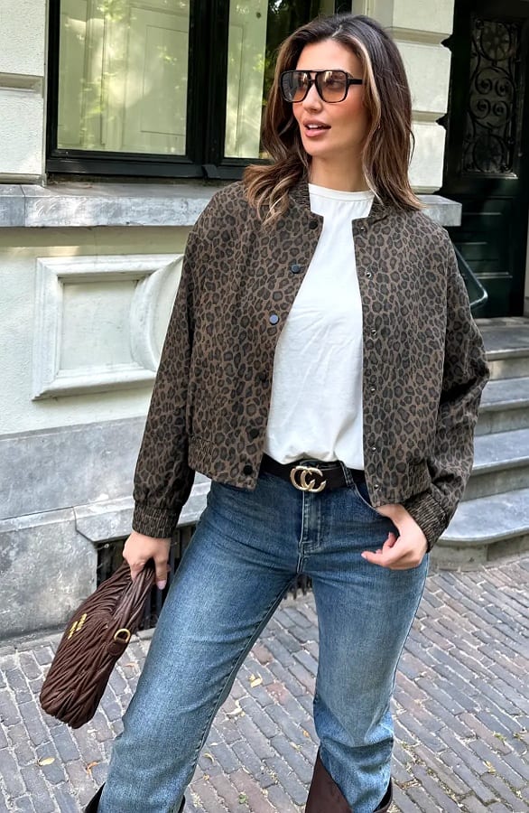 Leopard Denim Bomber Jacket Brown – jassen, foto 4