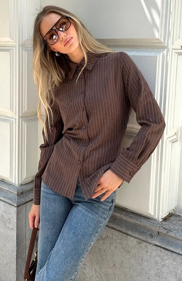 Pinstripe Knopen Blouse Bruin – blouses, foto 6