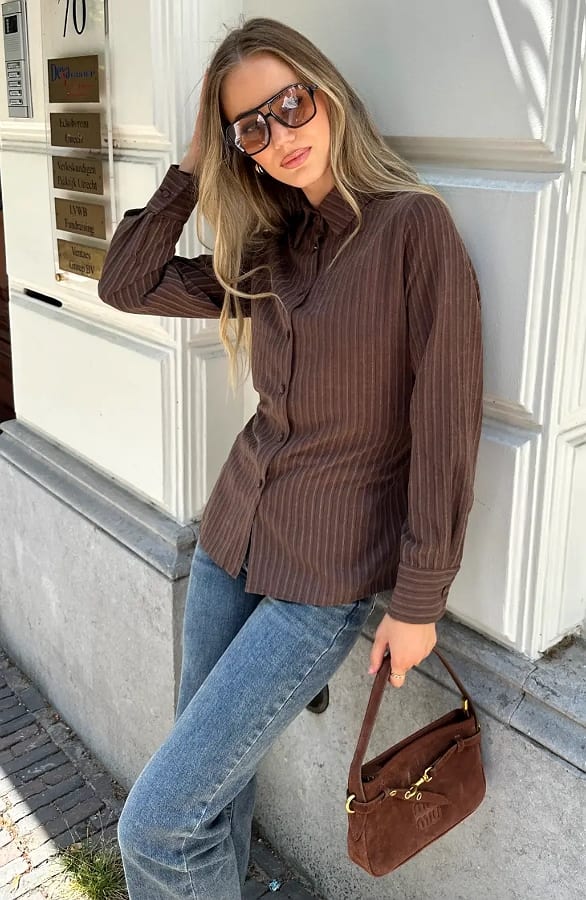 Pinstripe Knopen Blouse Bruin – blouses, foto 4
