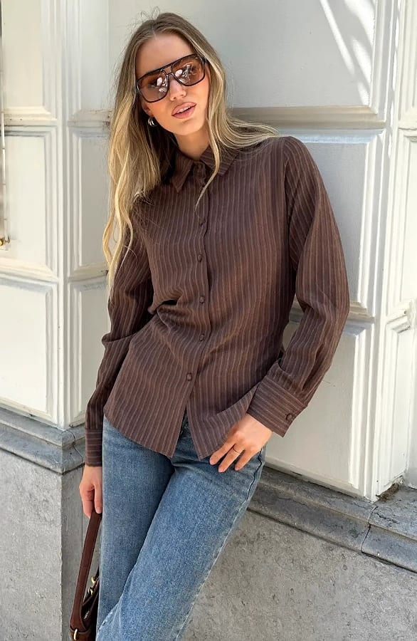 Pinstripe Knopen Blouse Bruin