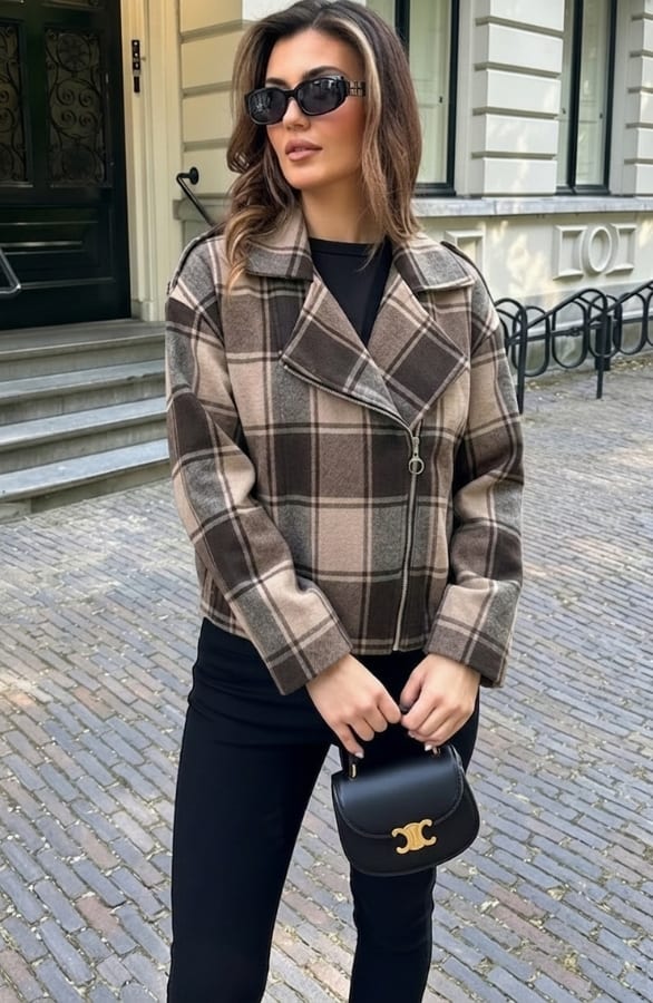 Plaid Zip Jacket Brown Beige – jassen, foto 3