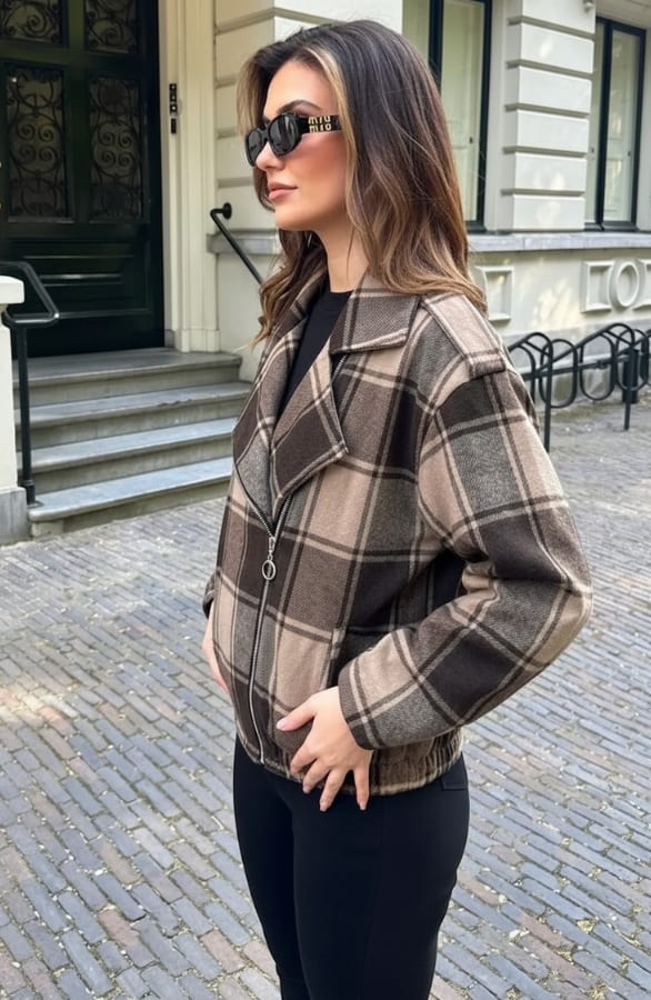 Plaid Zip Jacket Brown Beige – jassen, foto 5