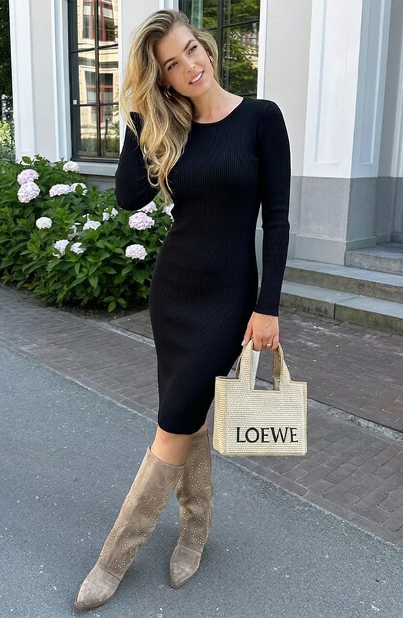 Round Neck Stretch Dress Black – jurken, foto 3