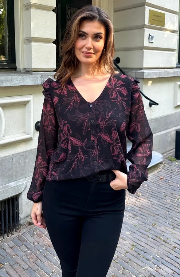 Ruffle Blouse Bloemen Zwart – blouses, foto 3