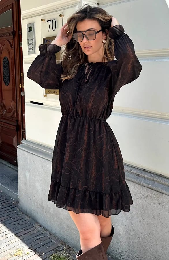 Ruffle Snake Print Jurk Choco