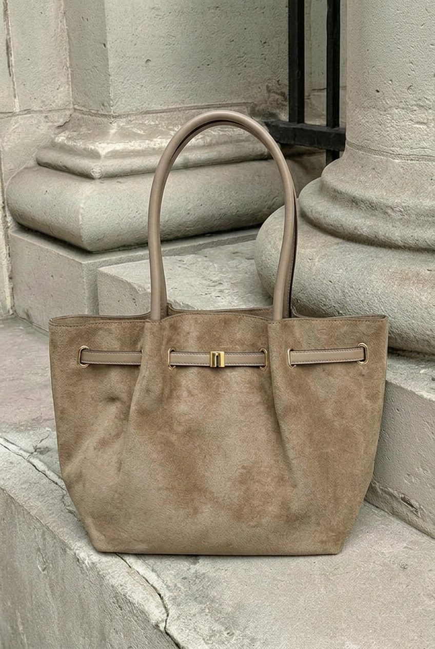 Suedine Handtas Met Gespdetail Dark Beige – alle accessoires, foto 3