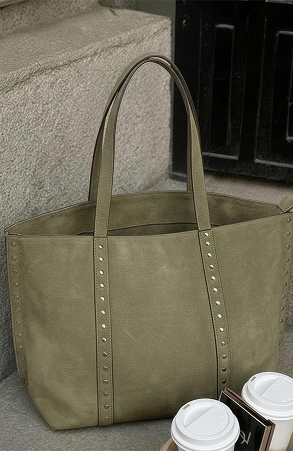 Suedine Shopper Tas Met Studs Army – alle accessoires, foto 3