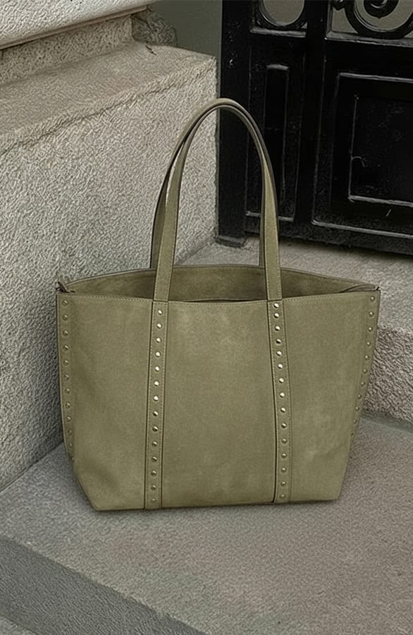 Suedine Shopper Tas Met Studs Army – alle accessoires, foto 2