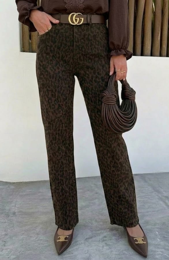 Wide Leg Jeans Leopard Brown Stretch FMH