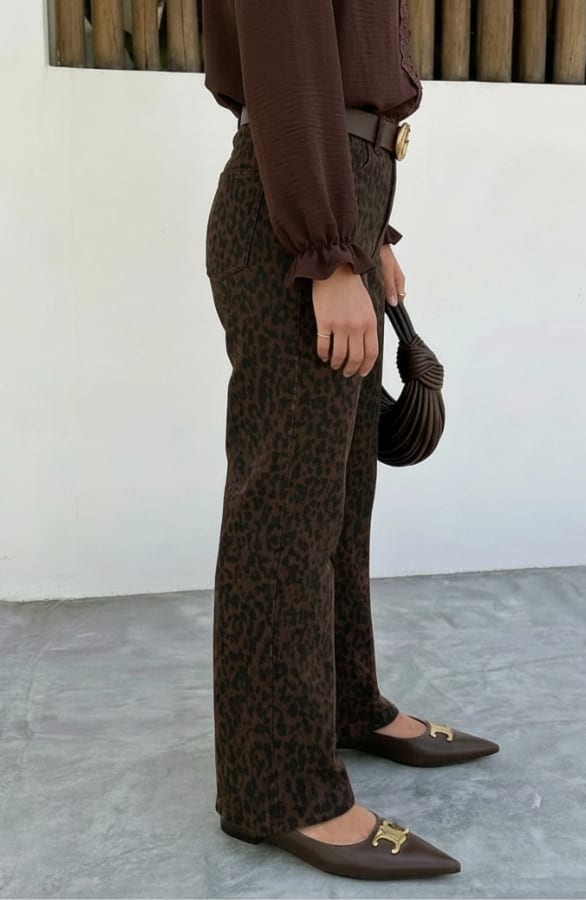 Wide Leg Jeans Leopard Brown Stretch FMH – flared broeken, foto 4