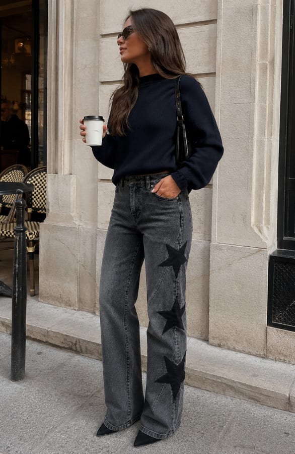 Wide Leg Jeans Star Washed Grey Stretch FMH – flared broeken, foto 3