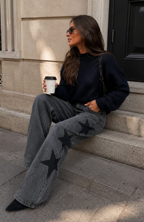 Wide Leg Jeans Star Washed Grey Stretch FMH – flared broeken, foto 2